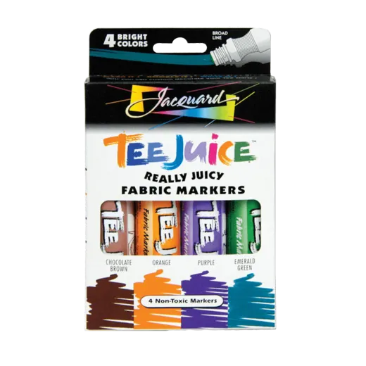 Jacquard Tee Juice Broad Tip Brights Set 12mm to zestaw pisaków o wysokiej gęstości, idealny do tworzenia ręcznie rysowanych grafik, rysunków na tkaninach, odzieży.