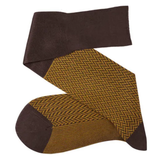 VICCEL / CELCHUK Knee Socks Herringbone Brown / Mustard - Luksusowe podkolanówki
