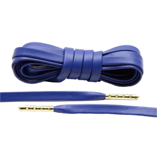 LACE LAB Luxury Leather Laces 6mm Blue - Gold Plated / Niebieskie płaskie skórzane sznurowadła do butów ze złotymi końcówkami