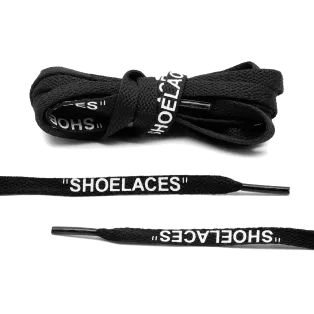 LACE LAB OFF-WHITE Laces 8mm Black / Czarne płaskie sznurowadła z białym napisem SHOELACES