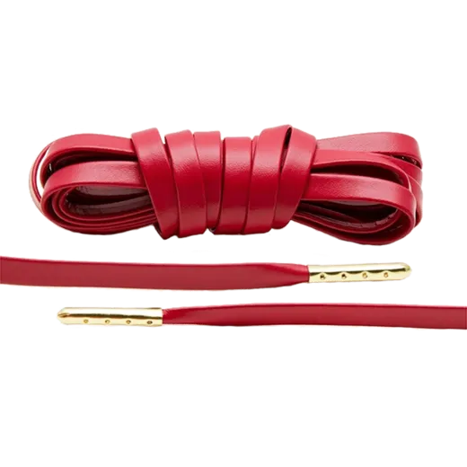 LACE LAB Luxury Leather Laces 6mm Red - Gold Plated / Czerwone płaskie skórzane sznurowadła do butów ze złotymi końcówkami