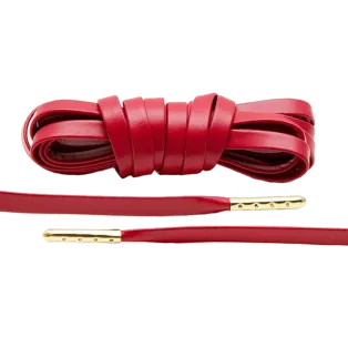 LACE LAB Luxury Leather Laces 6mm Red - Gold Plated / Czerwone płaskie skórzane sznurowadła do butów ze złotymi końcówkami