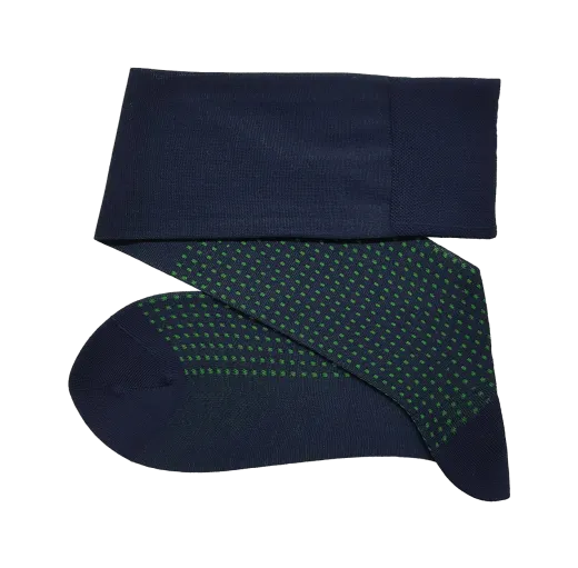 granatowe luksusowe podkolanówki męskie bawełniane w kropki zielone Viccel knee socks Navy blue Pistacio Green Square dots