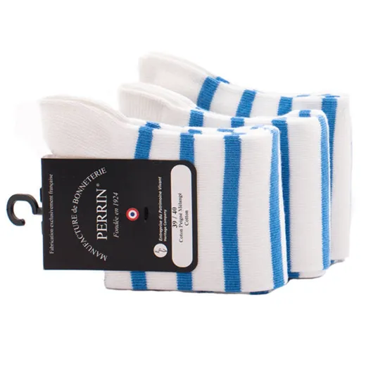 PERRIN Men Socks 305 Blanc & Bleu / Białe luksusowe skarpetki z niebieskimi paskami