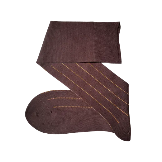 brązowe luksusowe podkolanówki męskie bawełniane w paski musztardowe Viccel knee socks pindot stripe brown mustard