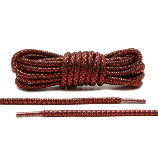 Metaliczne czerwono czarne okrągłe sznurowadła stworzone  do popularnych modeli Adidas Yeezy 350 Boost czy Adidas NMD